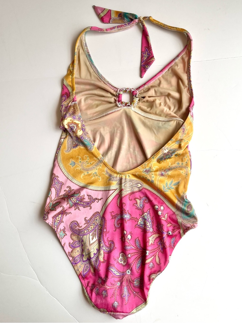 Trina Turk Paisley One Piece V- Neckline Halter Plunge Swimsuit - Picture 2 of 8